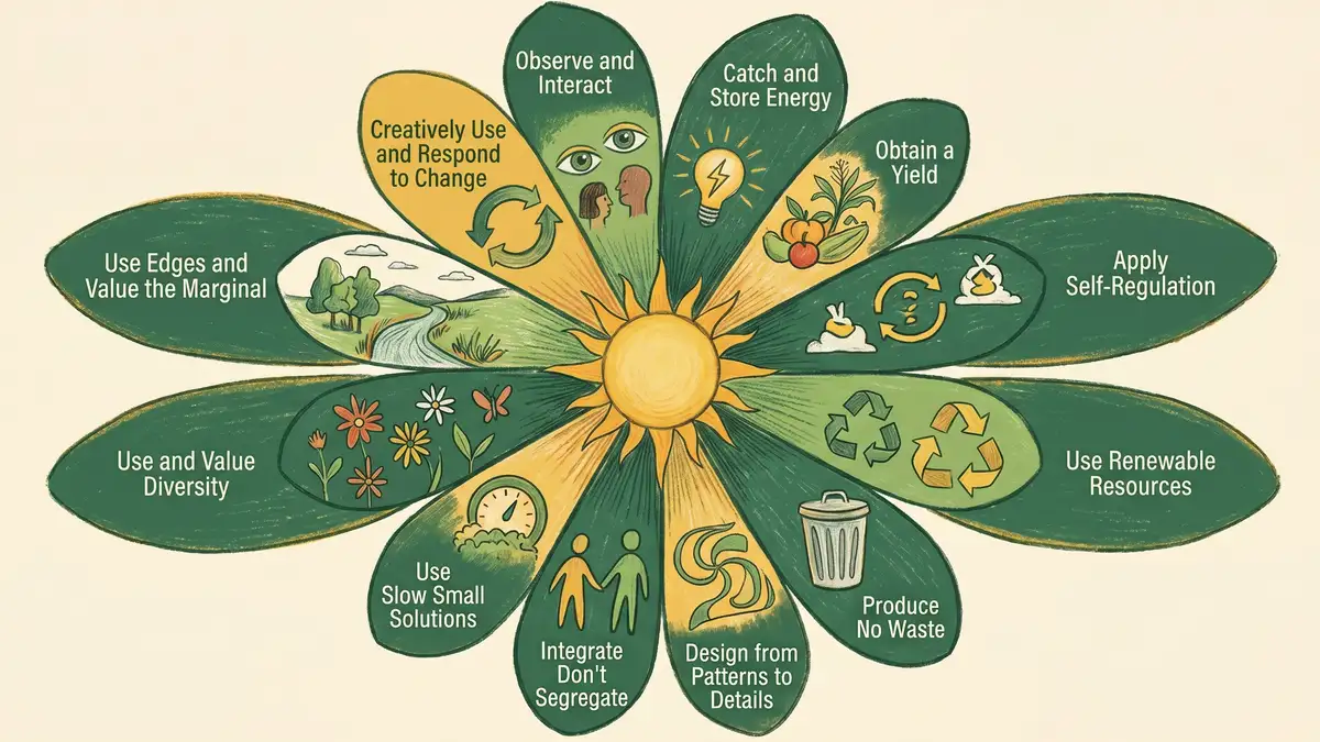 Infographic wheel showing the 12 permaculture principles arranged as petals around a central sun