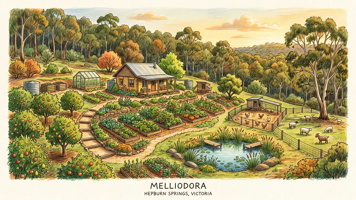 Illustration of David Holmgren's Melliodora property in Hepburn Springs Victoria with cottage and food gardens