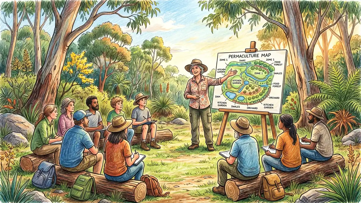 Outdoor permaculture design course in the Australian bush with students seated around an easel