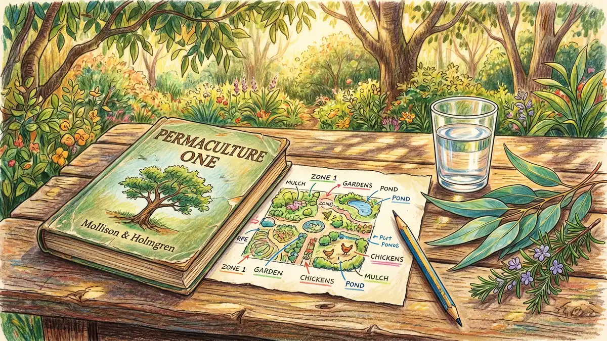 A vintage copy of Permaculture One book by Mollison and Holmgren on a weathered wooden table
