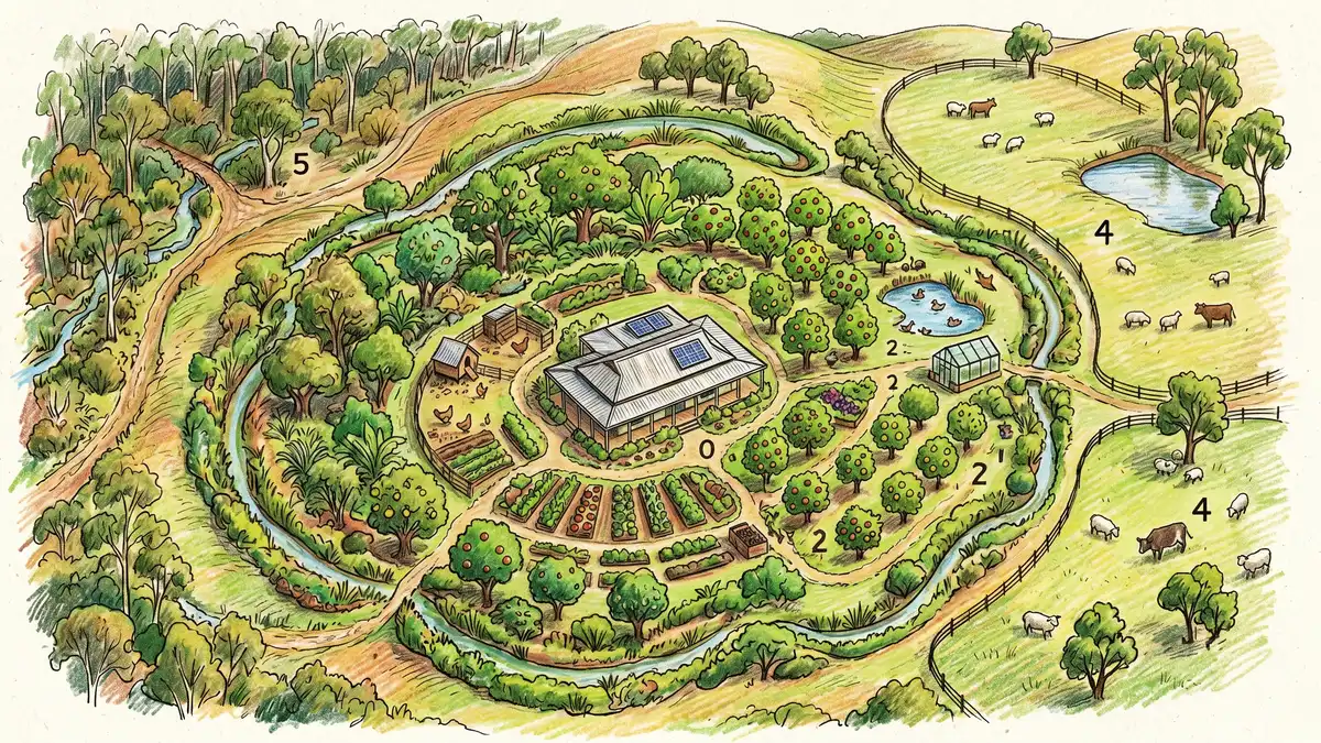 Top-down illustration of an Australian permaculture homestead showing zones 1 through 5