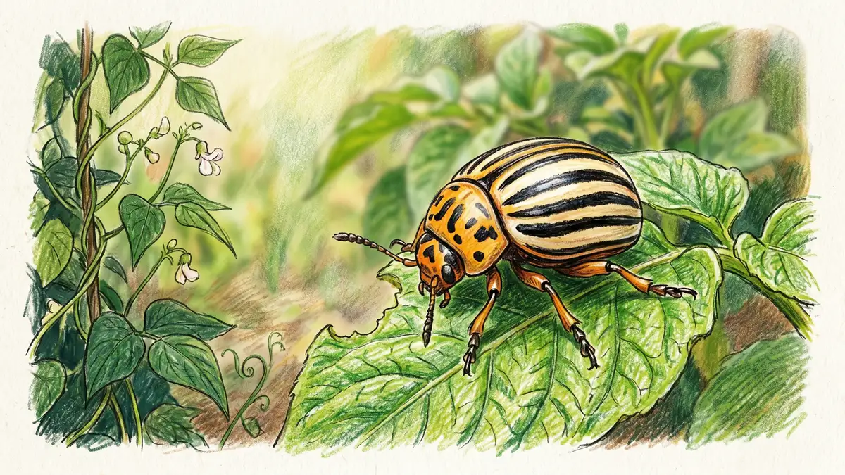 Close-up of a Colorado potato beetle with yellow and black striped wing covers on a potato leaf