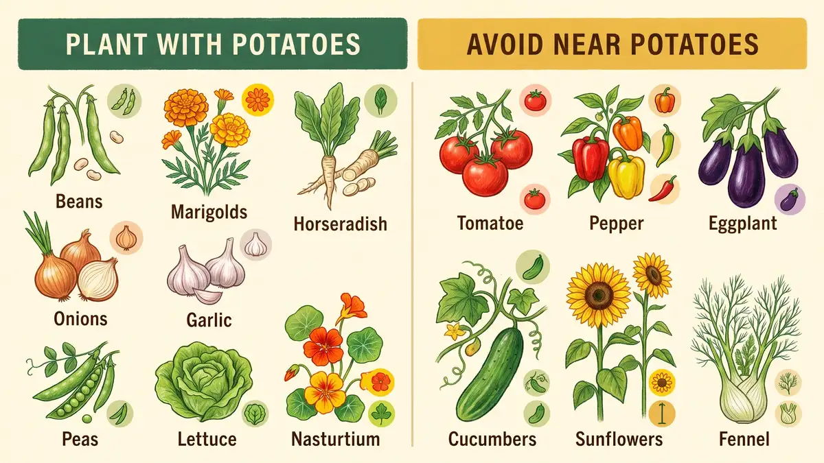 Two-column infographic showing recommended companion plants for potatoes and plants to avoid near potatoes