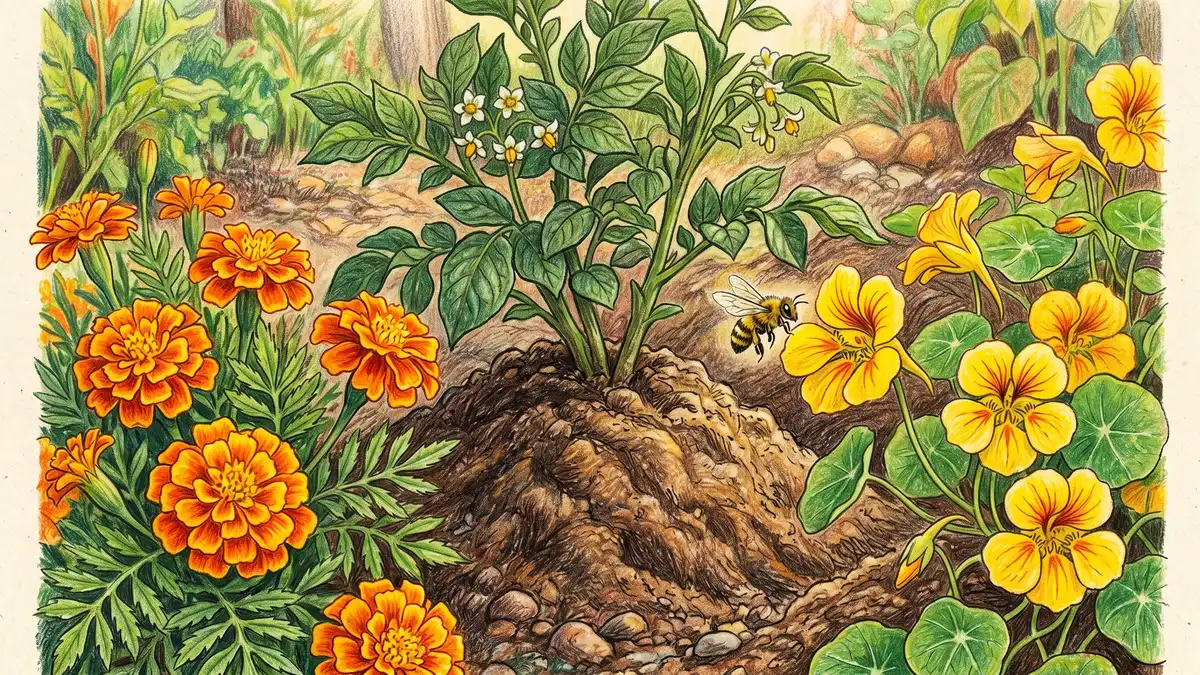 Marigold and nasturtium flowers blooming next to a potato plant with mounded soil