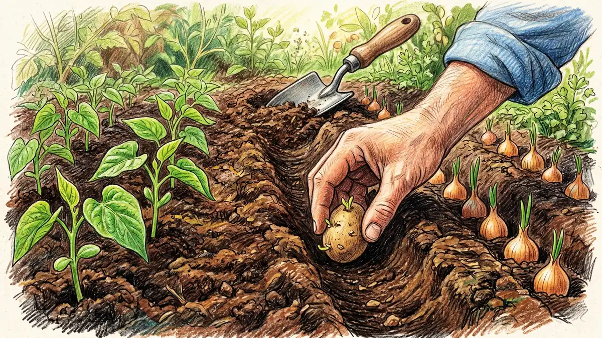 A gardener planting seed potatoes in a furrow with bean seedlings and onion sets nearby