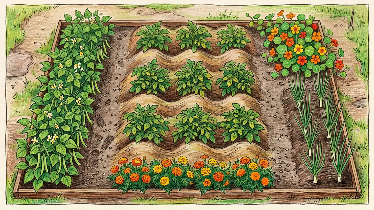 Top-down view of a potato bed with companion plants arranged in zones