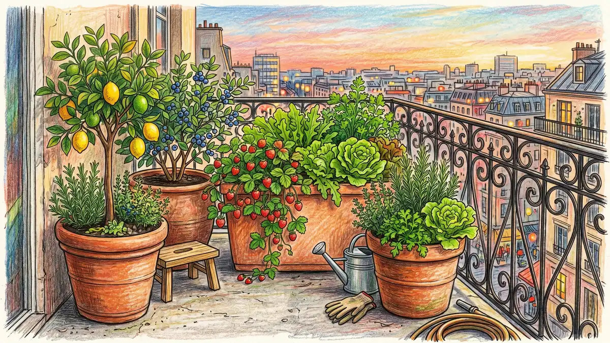Apartment balcony container syntropic garden with dwarf citrus, blueberry, herbs, and strawberries