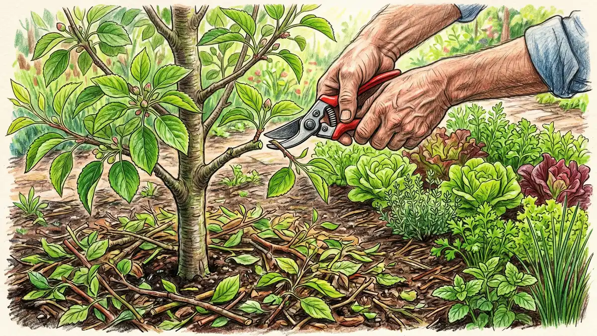 Hands pruning a small fruit tree branch with the cut material laid as mulch beneath