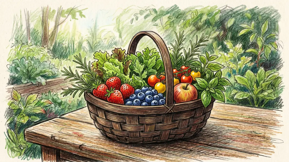 Fresh harvest from a small syntropic garden including strawberries, blueberries, lettuce, herbs, and a small apple