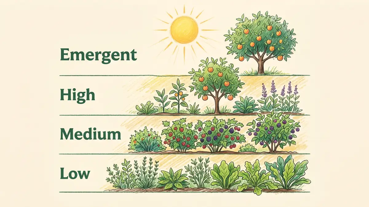 Cross-section infographic of the four syntropic strata: emergent, high, medium, low
