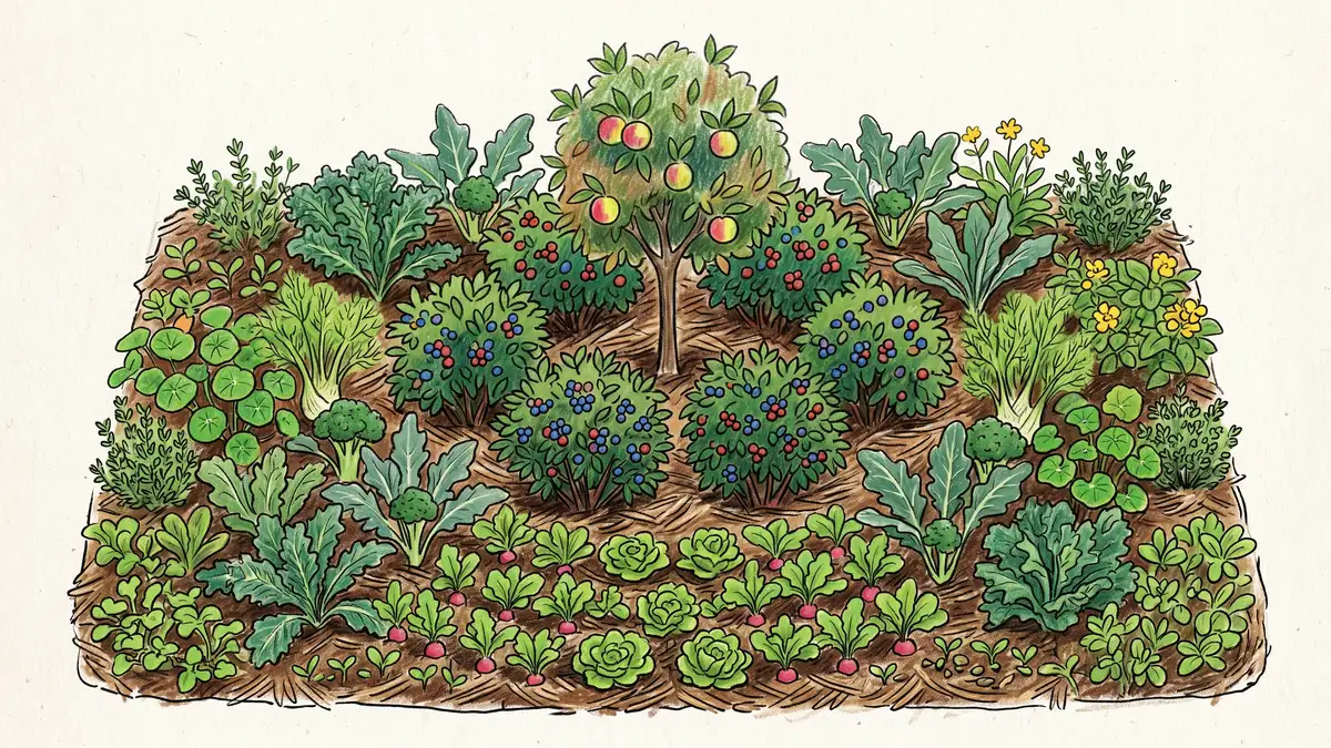 Top-down view of a 100 sq ft syntropic garden bed showing dense layered plantings around a central dwarf fruit tree