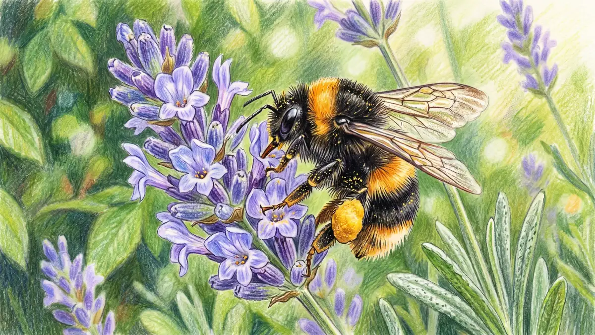 Close-up of a honeybee with golden pollen baskets visiting a lavender flower spike
