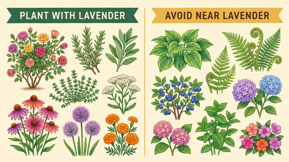 Two-column infographic showing companion plants for lavender and plants to avoid near lavender
