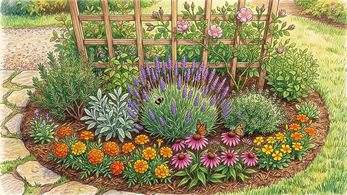 Top-down view of a sunny garden border with lavender surrounded by rosemary, sage, thyme, marigolds, and coneflowers
