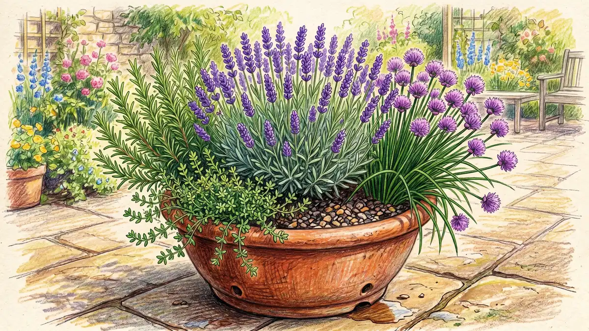 Terracotta pot on a sunny patio with English lavender, trailing thyme, rosemary, and flowering chives