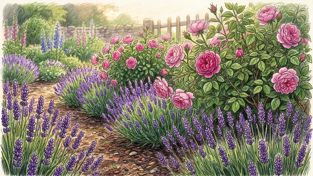 Pink English roses growing alongside mature lavender plants in full bloom