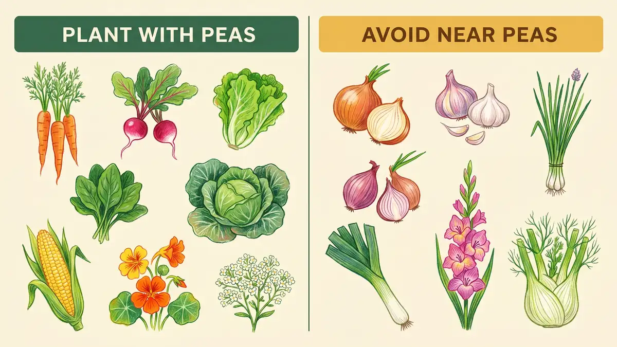 Two-column infographic comparing recommended pea companions with plants to avoid near peas