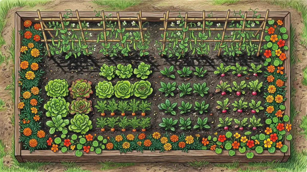 Top-down view of a spring raised bed with peas on trellises interplanted with carrots, radishes, lettuce, and spinach