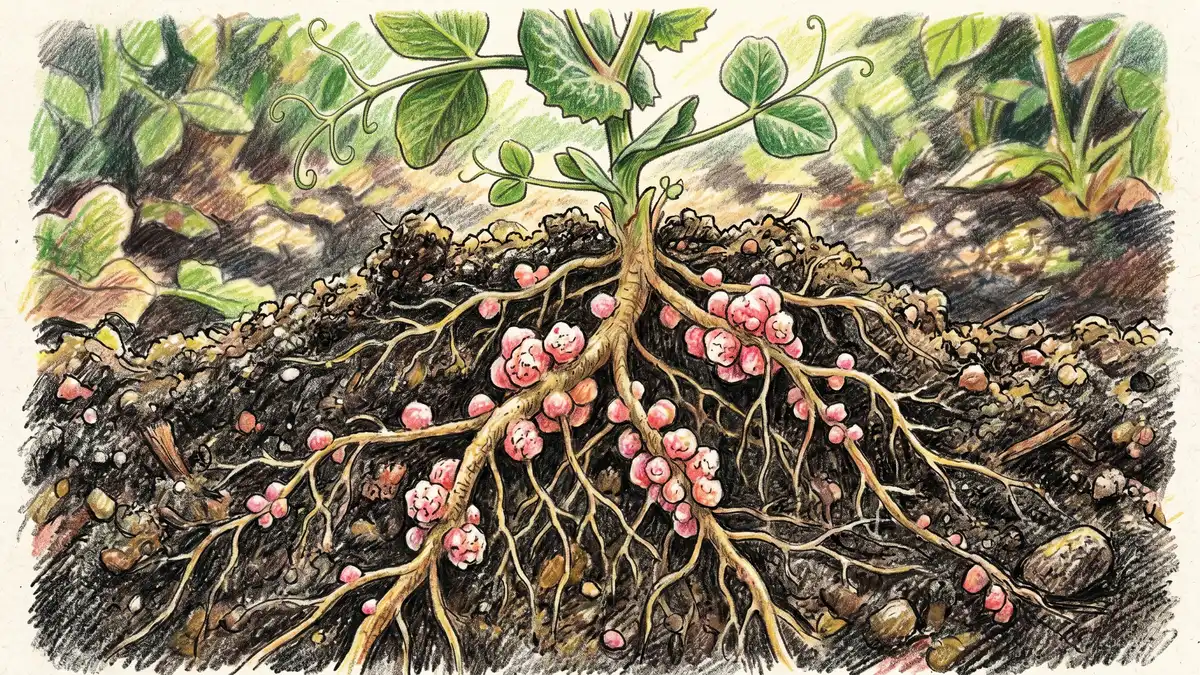 Close-up of pea plant roots showing pink and white nitrogen-fixing nodules