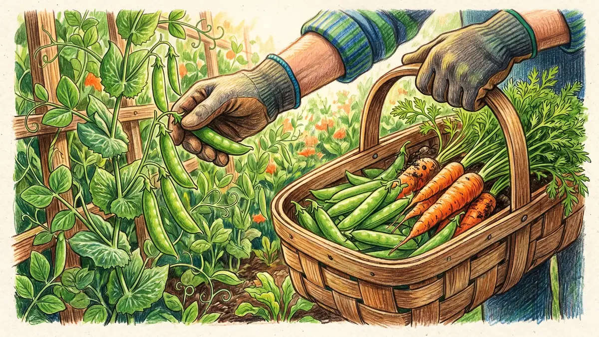 Gardener's hands harvesting fresh pea pods and orange carrots together in a wooden basket