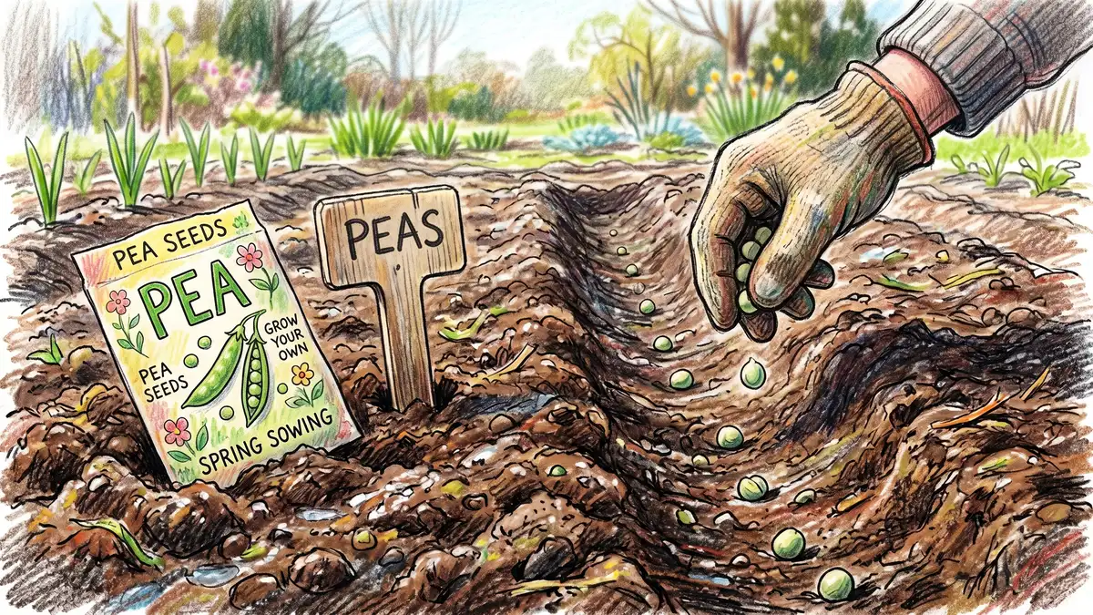 Pea seeds being sown into a furrow in spring soil with a seed packet and plant marker