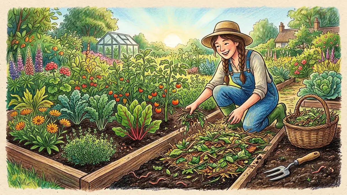 Gardener spreading chop-and-drop mulch over a no-dig garden bed with earthworms visible at the soil surface