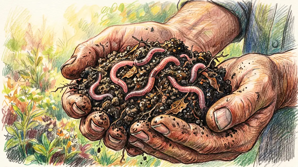 A handful of dark loamy garden soil with multiple healthy earthworms visible