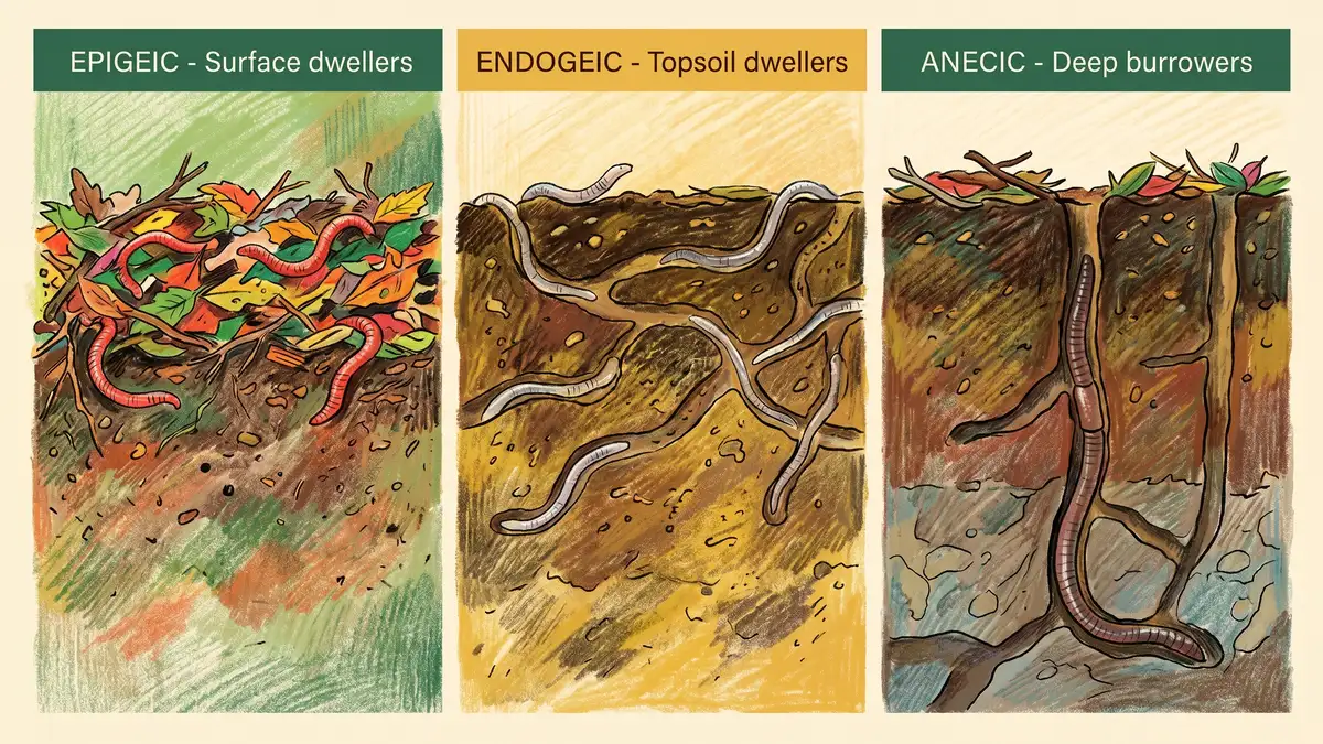 Infographic showing the three ecological groups of earthworms: epigeic surface dwellers, endogeic topsoil dwellers, and anecic deep burrowers