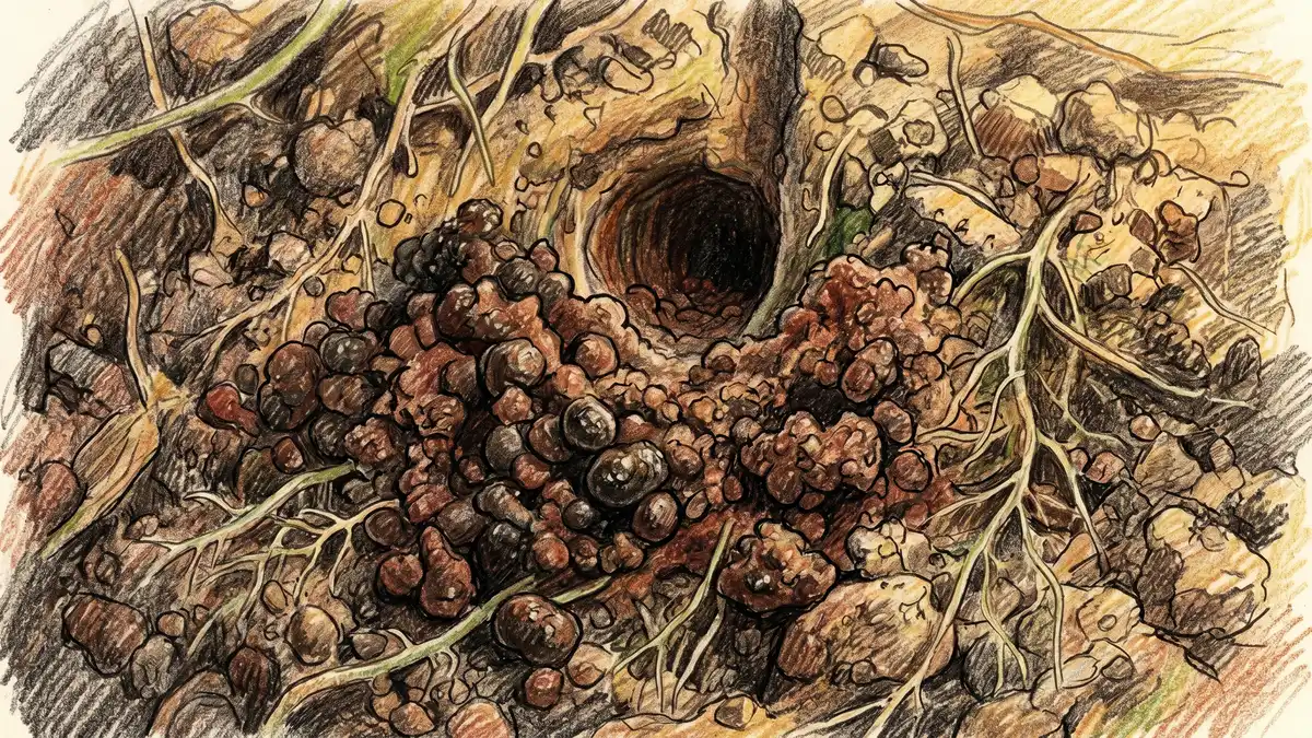 Close-up of worm castings accumulated at a soil burrow entrance with visible aggregate structure