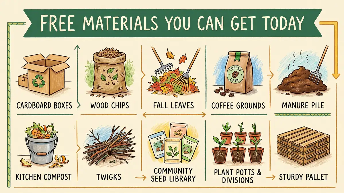Infographic chart of free permaculture materials including cardboard, wood chips, leaves, coffee grounds, and pallets