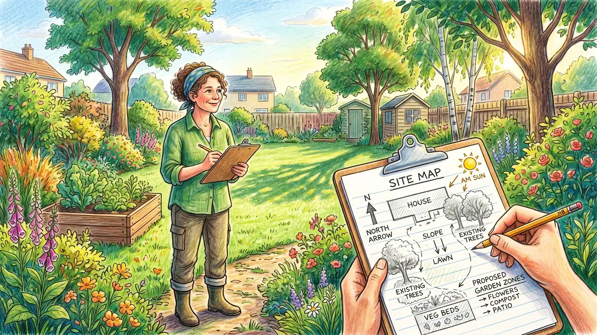 A gardener observing a backyard with a clipboard and sketching a site map showing sun direction and slope