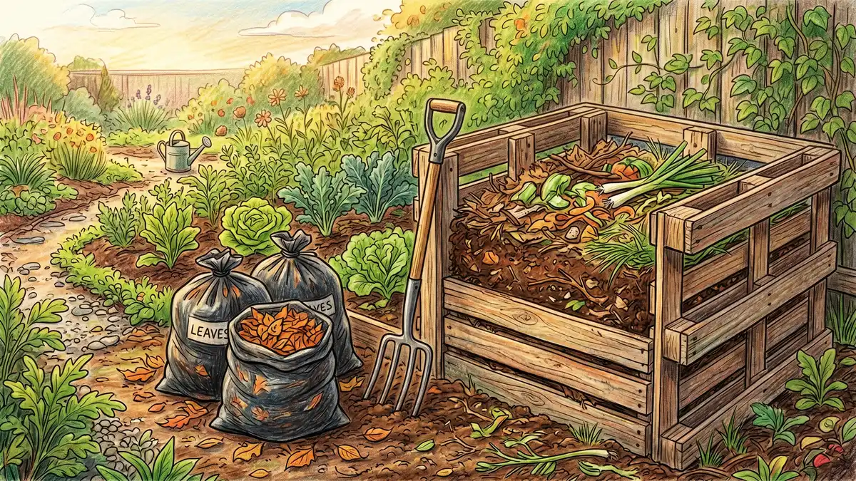Wooden pallet compost bin filled with layered organic matter beside a free curbside leaf pile