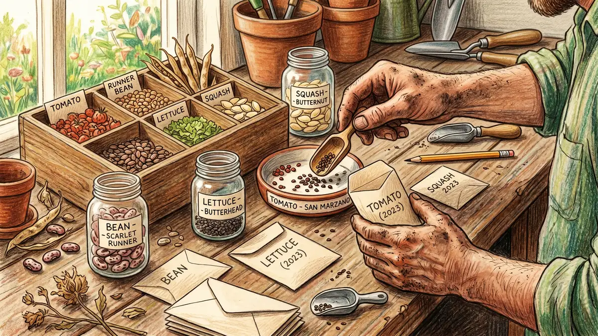 Gardener's hands placing saved seeds into labeled paper envelopes with seed-saving supplies