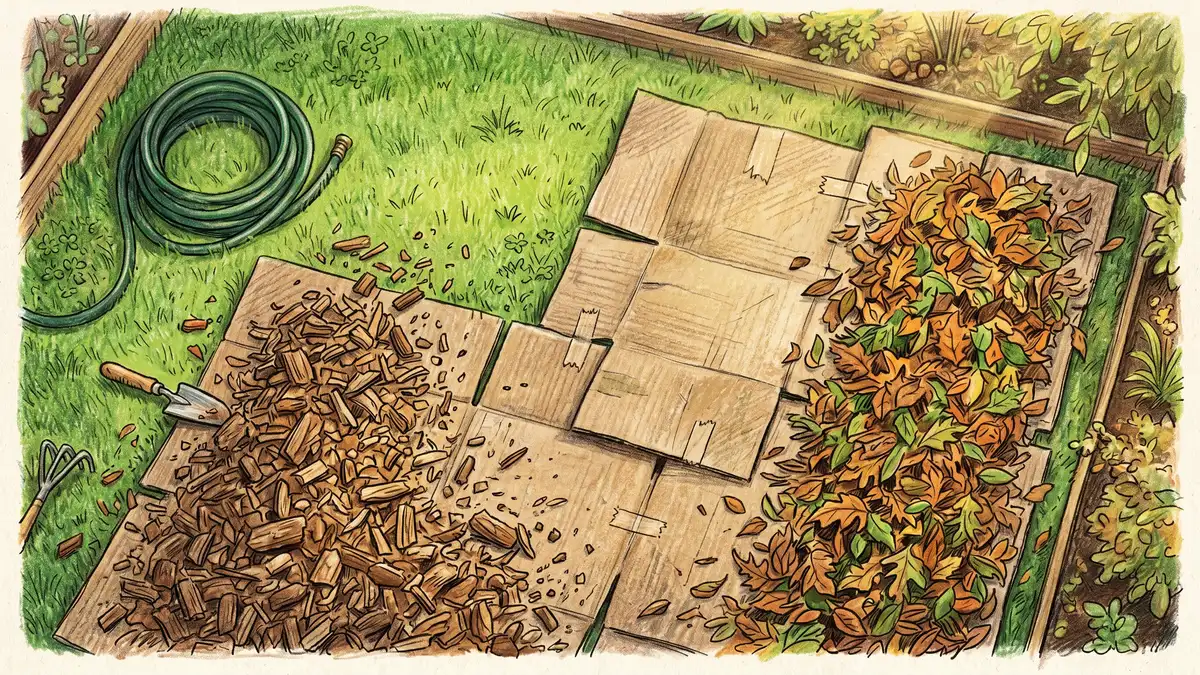 Cardboard sheet mulching in progress converting lawn to garden bed with wood chips and leaves