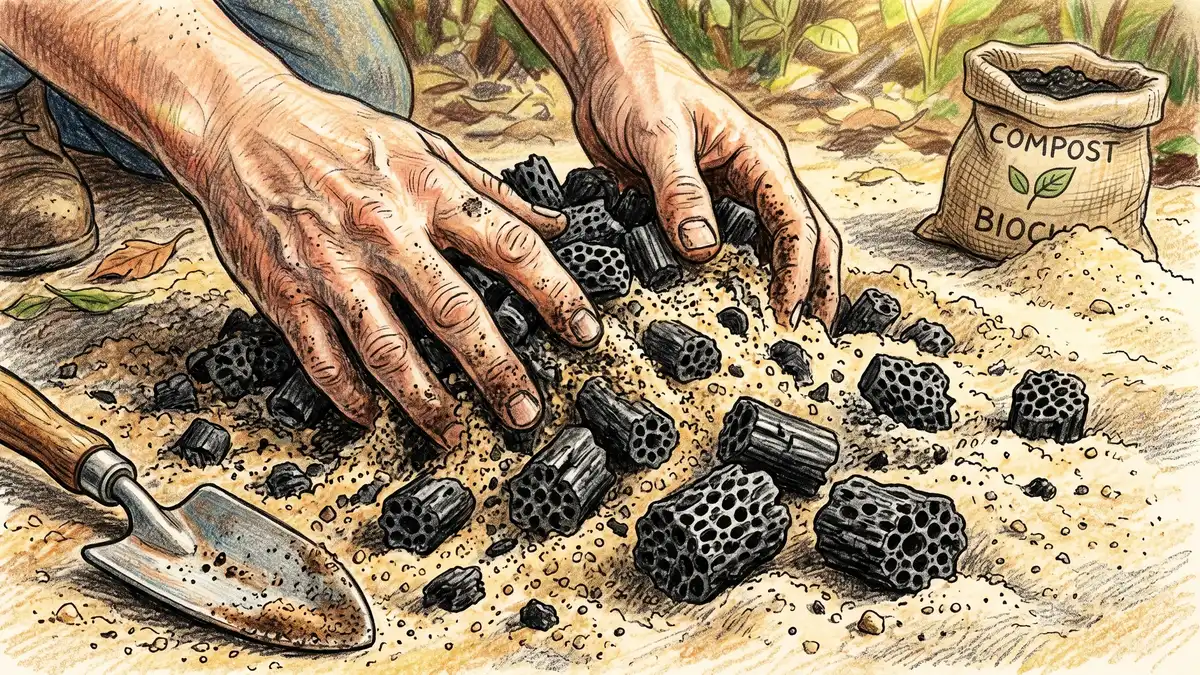 Black porous biochar being mixed by hand into sandy soil with a trowel and compost nearby
