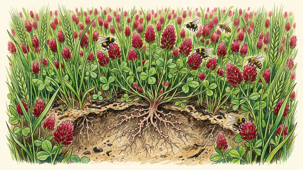 Crimson clover and winter rye cover crop in bloom on sandy garden soil with bees visiting