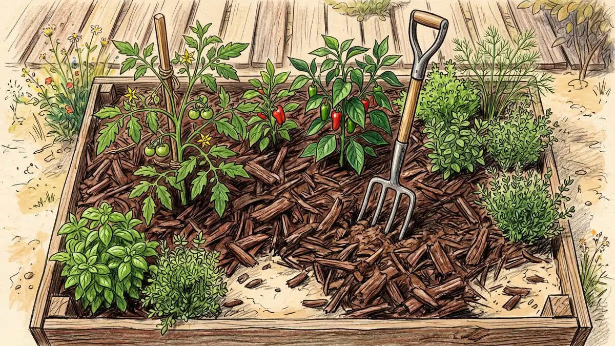 Garden bed with thick wood chip mulch covering sandy soil with vegetable plants growing through