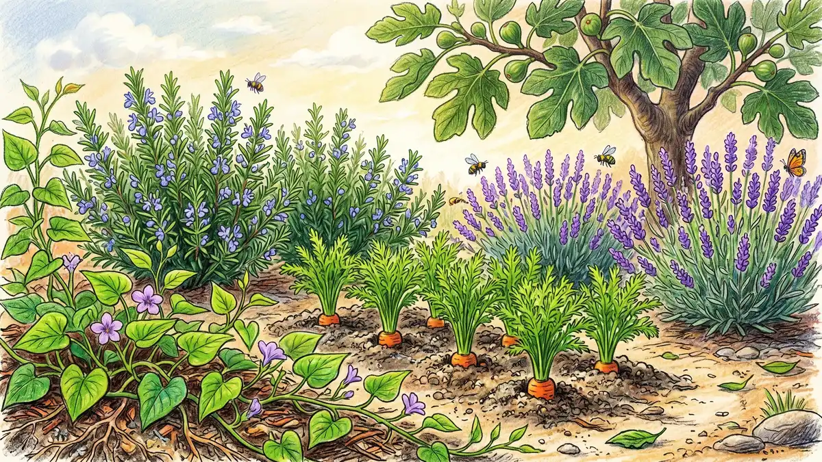 Flourishing sandy-soil garden with sweet potato vines, carrots, rosemary, lavender, and a fig tree