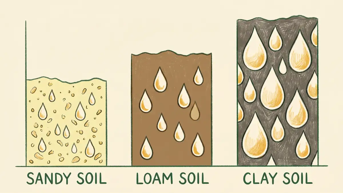 Bar chart comparing water-holding capacity of sandy, loam, and clay soils