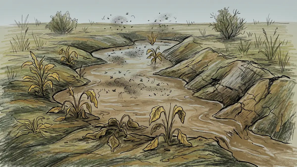 Failed swale on flat land filled with stagnant brown water and mosquitoes