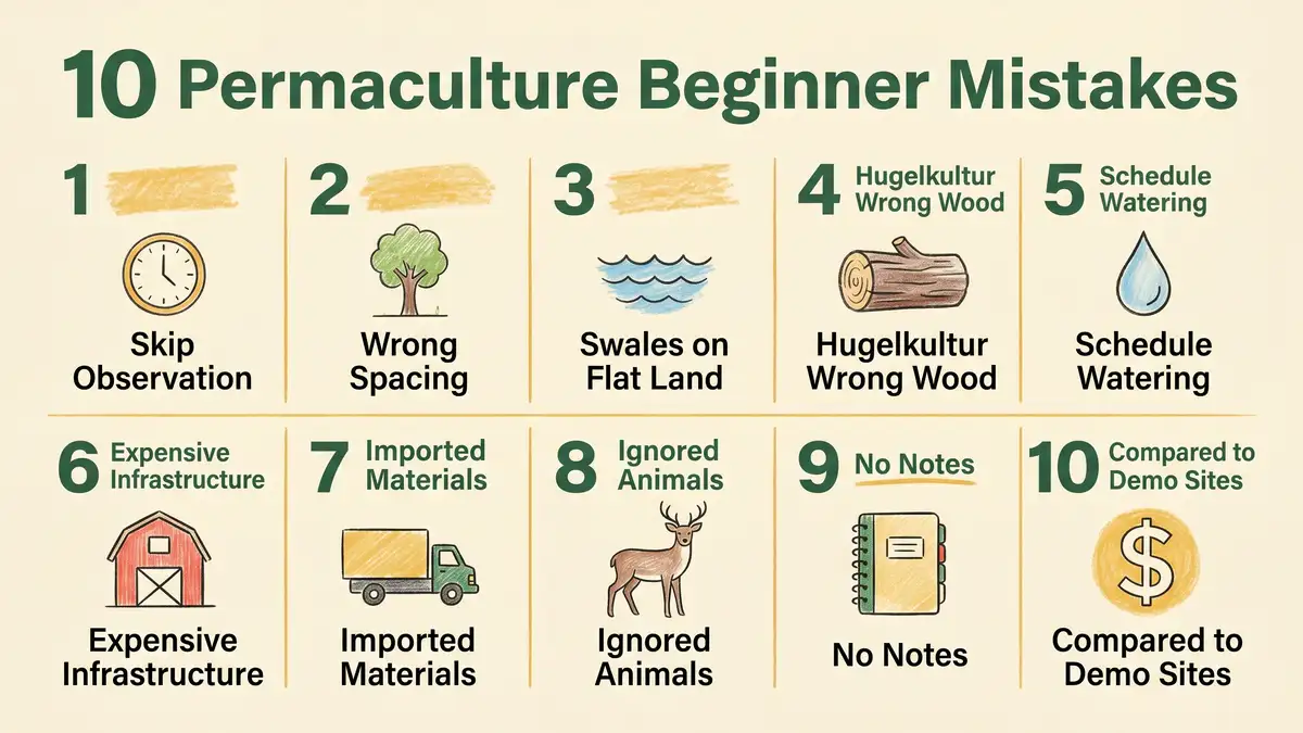 Numbered checklist infographic of 10 permaculture beginner mistakes with simple icons