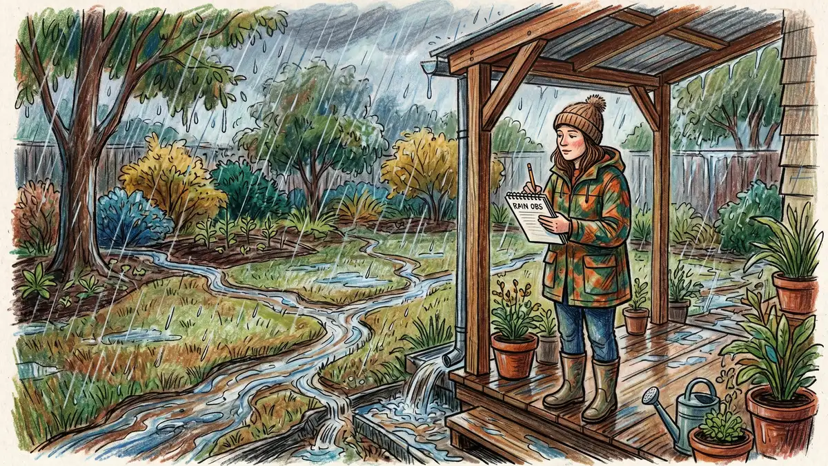 Beginner gardener observing backyard during rainstorm with notebook
