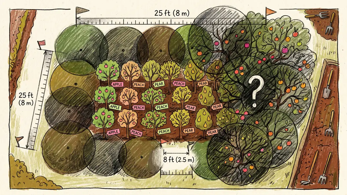 Top-down view of young fruit trees planted too close with overlapping mature canopies marked
