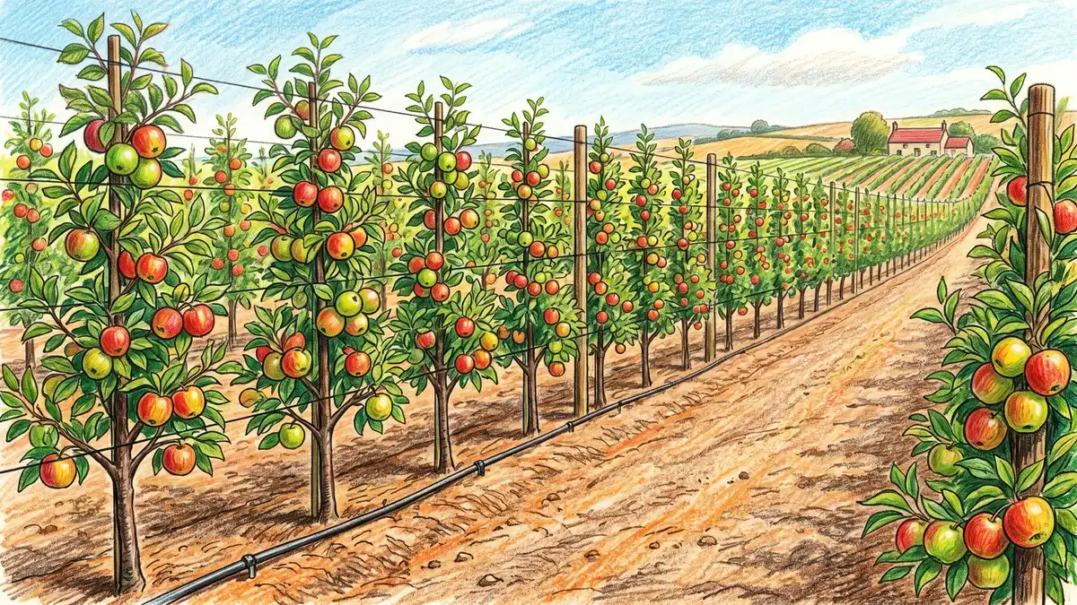 Commercial apple orchard with uniform rows of dwarf trees on M9 rootstock