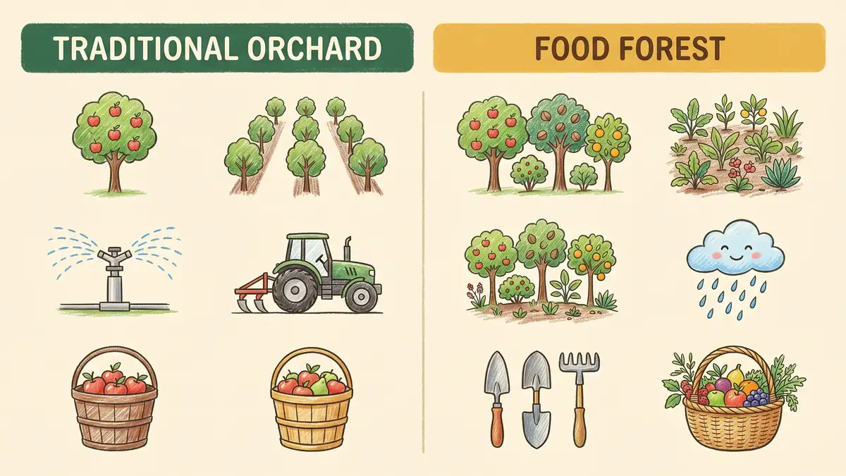 Two-column comparison infographic of traditional orchard versus food forest