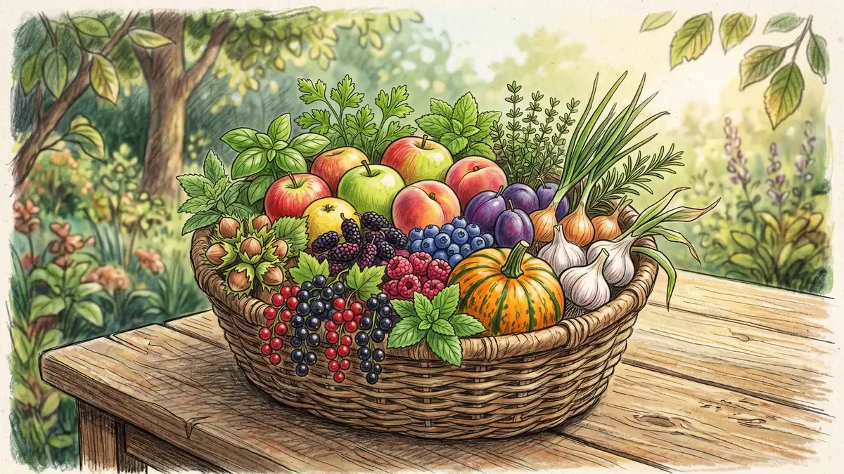 Diverse harvest basket from a food forest with apples, berries, herbs, and root vegetables