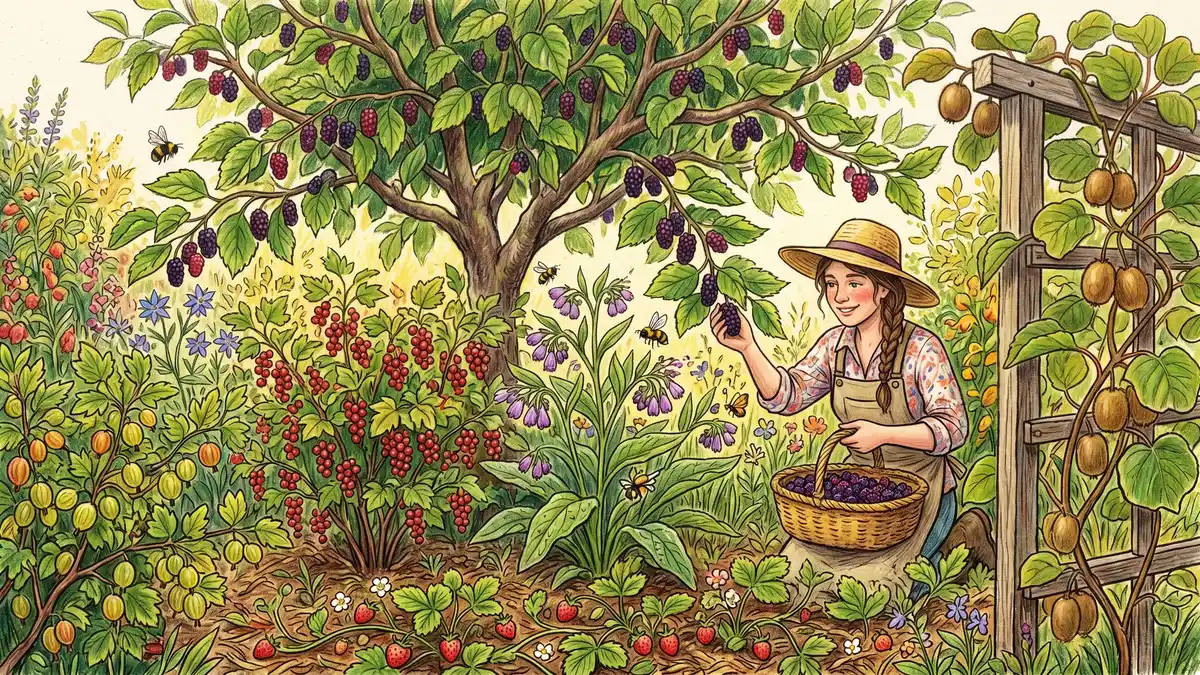 Mature food forest in late summer with mulberry, currants, herbaceous comfrey, and climbing kiwi