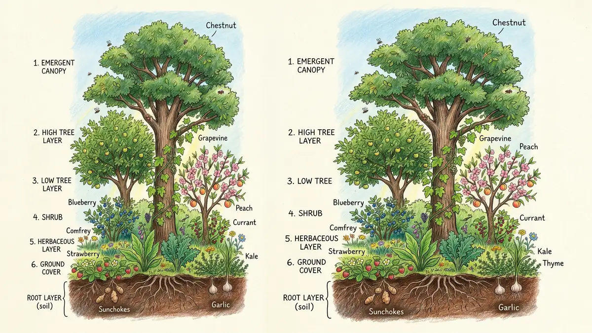 Cross-section illustration of the 7 strata of a food forest from canopy to root layer