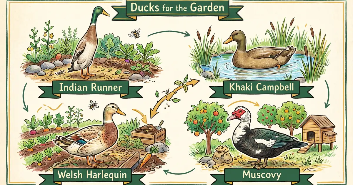 Four garden duck breeds illustrated: Indian Runner, Khaki Campbell, Welsh Harlequin, Muscovy