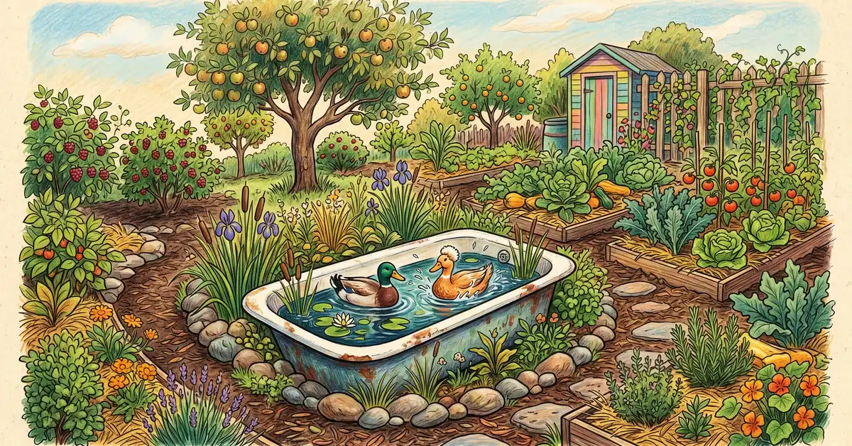 Backyard duck pond made from a reclaimed bathtub edged with stones in a permaculture garden